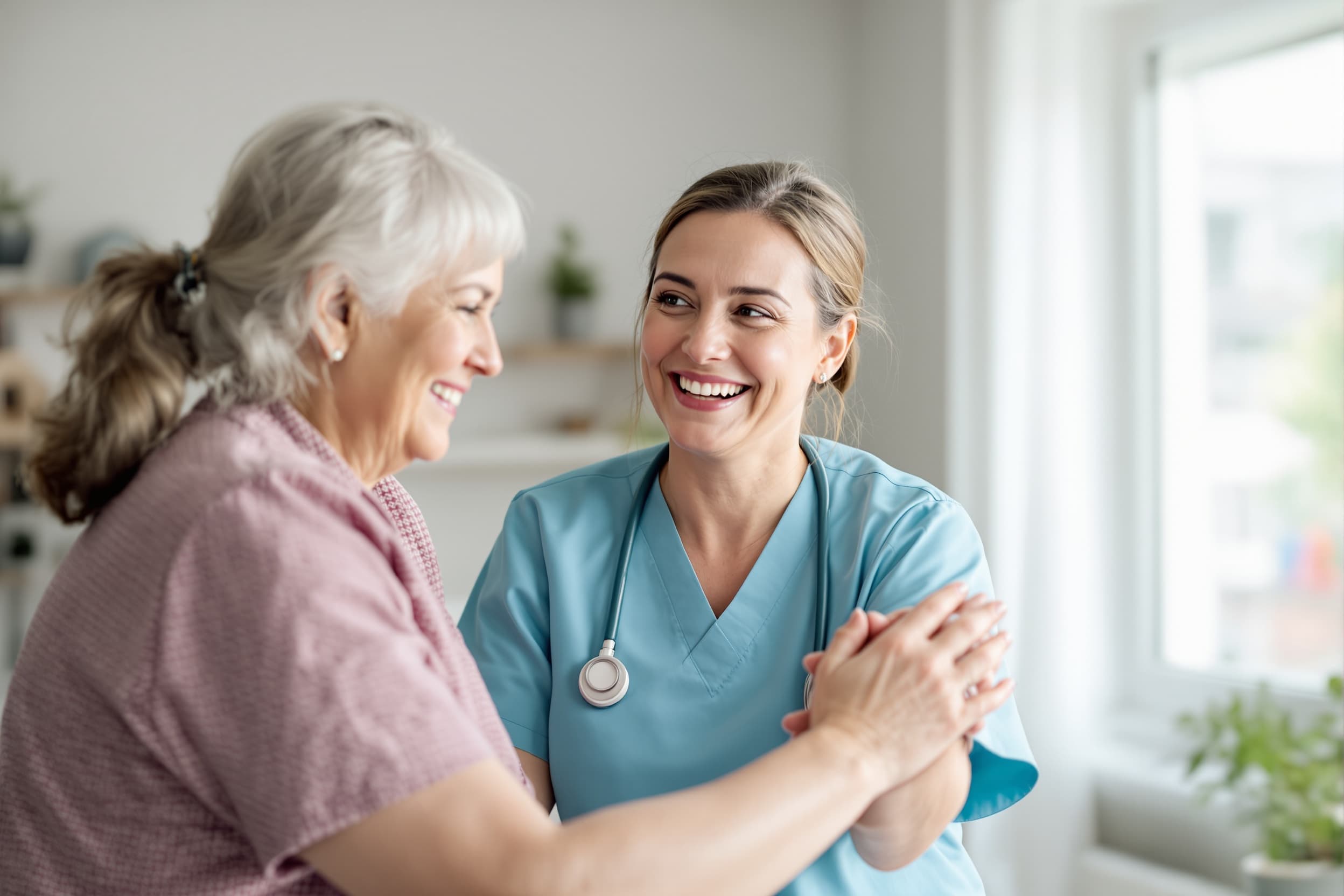 Soignant et aîné souriant ensemble